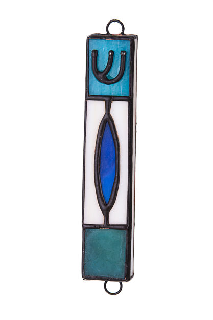 Picture of #C135 Stained Glass Blue Oval Mezuzah