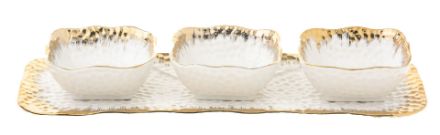 Picture of 1675 3 Sectional White Ceramic with gold edge and a tray