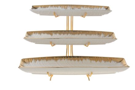Picture of 1676 Tray 3 Tier  Ceramic White with Gold 