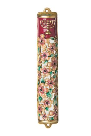 Picture of #045 Pink Flower Enamel Jeweled  Mezuzah case with Menorah 