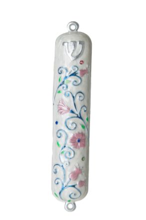 Picture of #044 White Enamel Jeweled  Mezuzah case with Pink Flowers